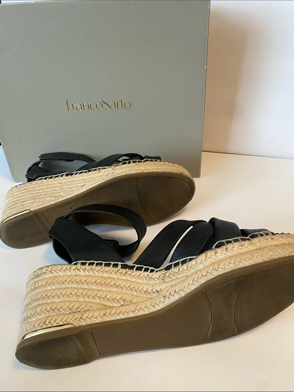 Franco Sarto Black Leather Espadrille Wedge Sandals with Ankle Strap Size 10